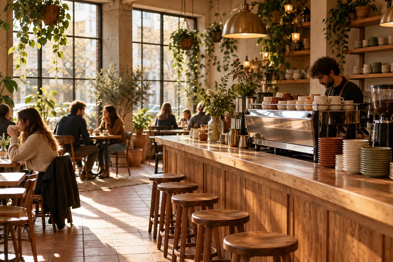 The Furrowline café: a long timber bar with an espresso machine, brass pendant lights and guests at tables by tall windows.