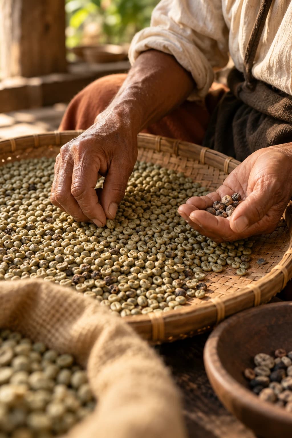 Weathered hands sorting green coffee on a woven tray, picking out defective beans.