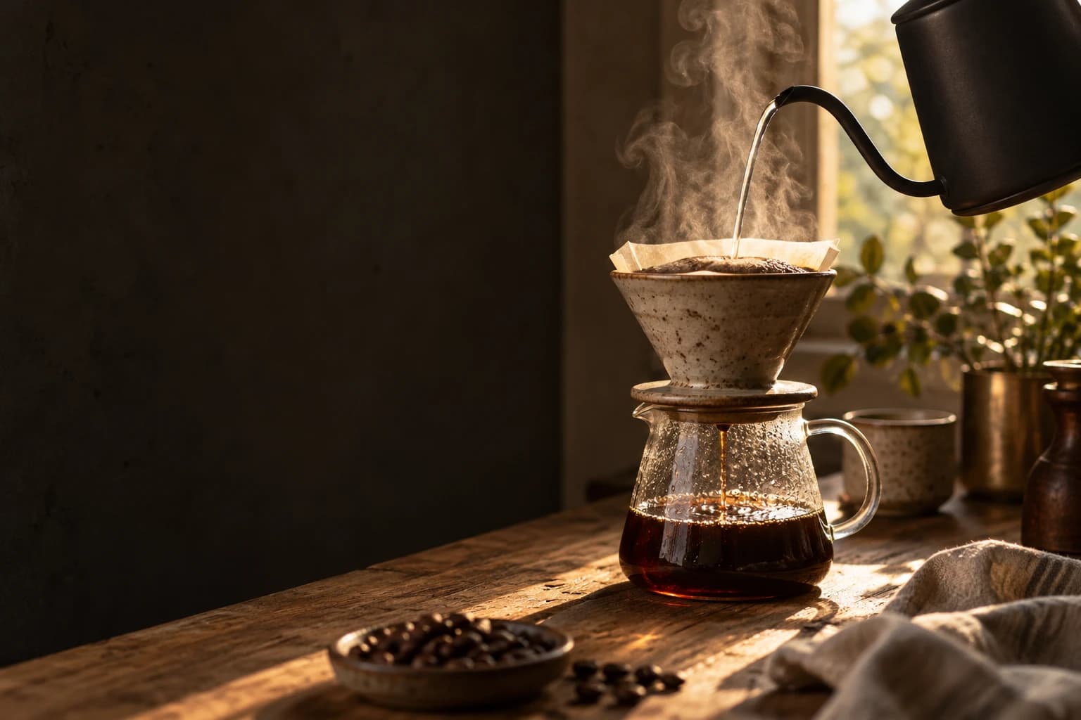 Water poured from a black gooseneck kettle into a speckled ceramic dripper, steam rising in low morning sun.