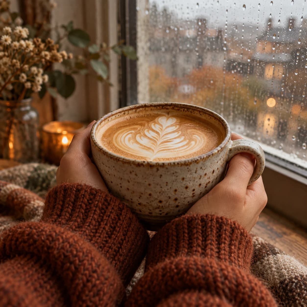 Two hands around a speckled stoneware cup of latte with a rosetta, rain on the window behind.