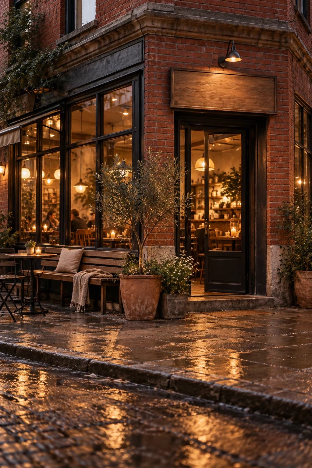 The roastery's brick corner storefront at dusk, warm light inside and a bench and olive trees by the door.