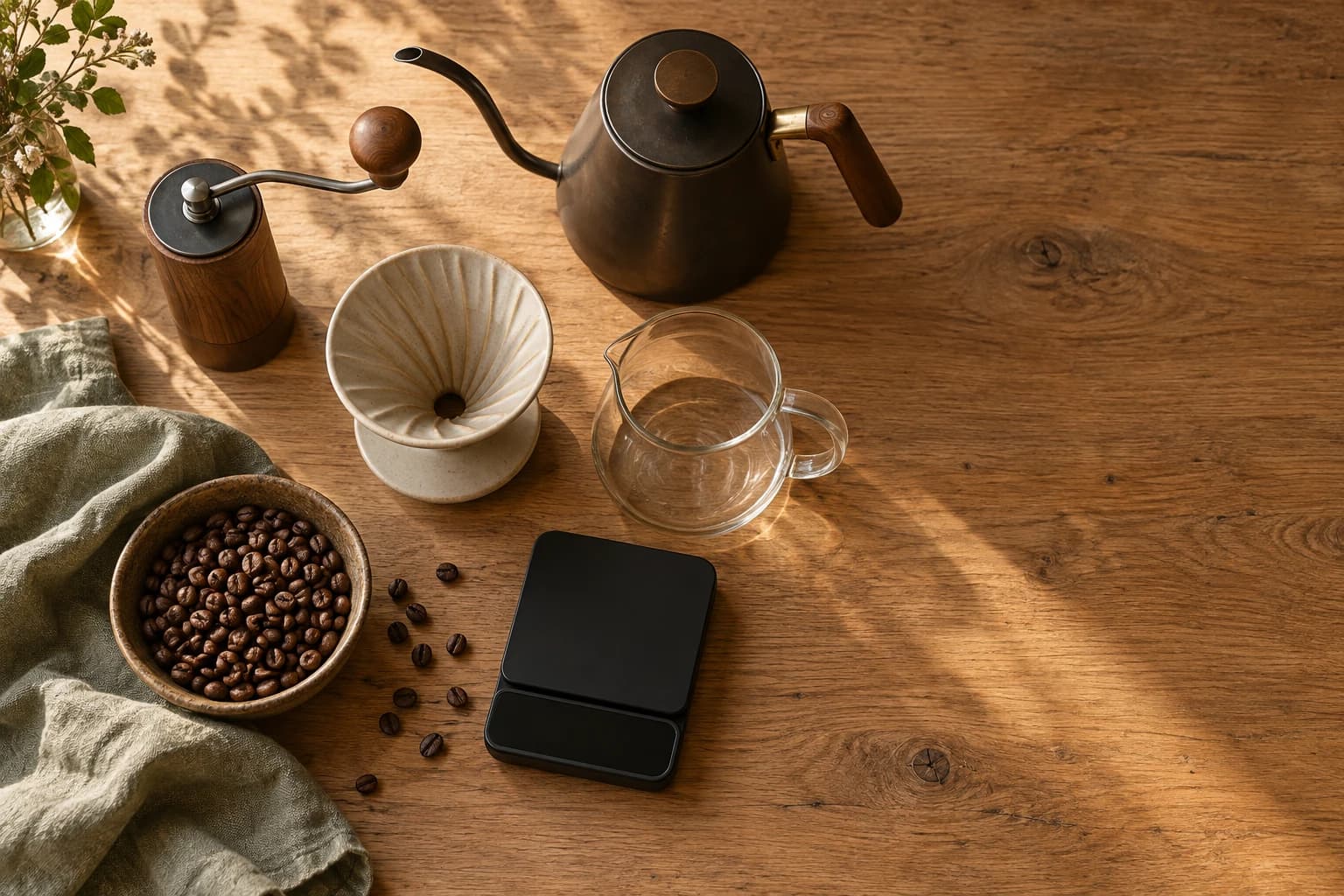 Brewing gear on an oak table: a ceramic dripper, gooseneck kettle, hand grinder, glass server, scale and a bowl of beans.