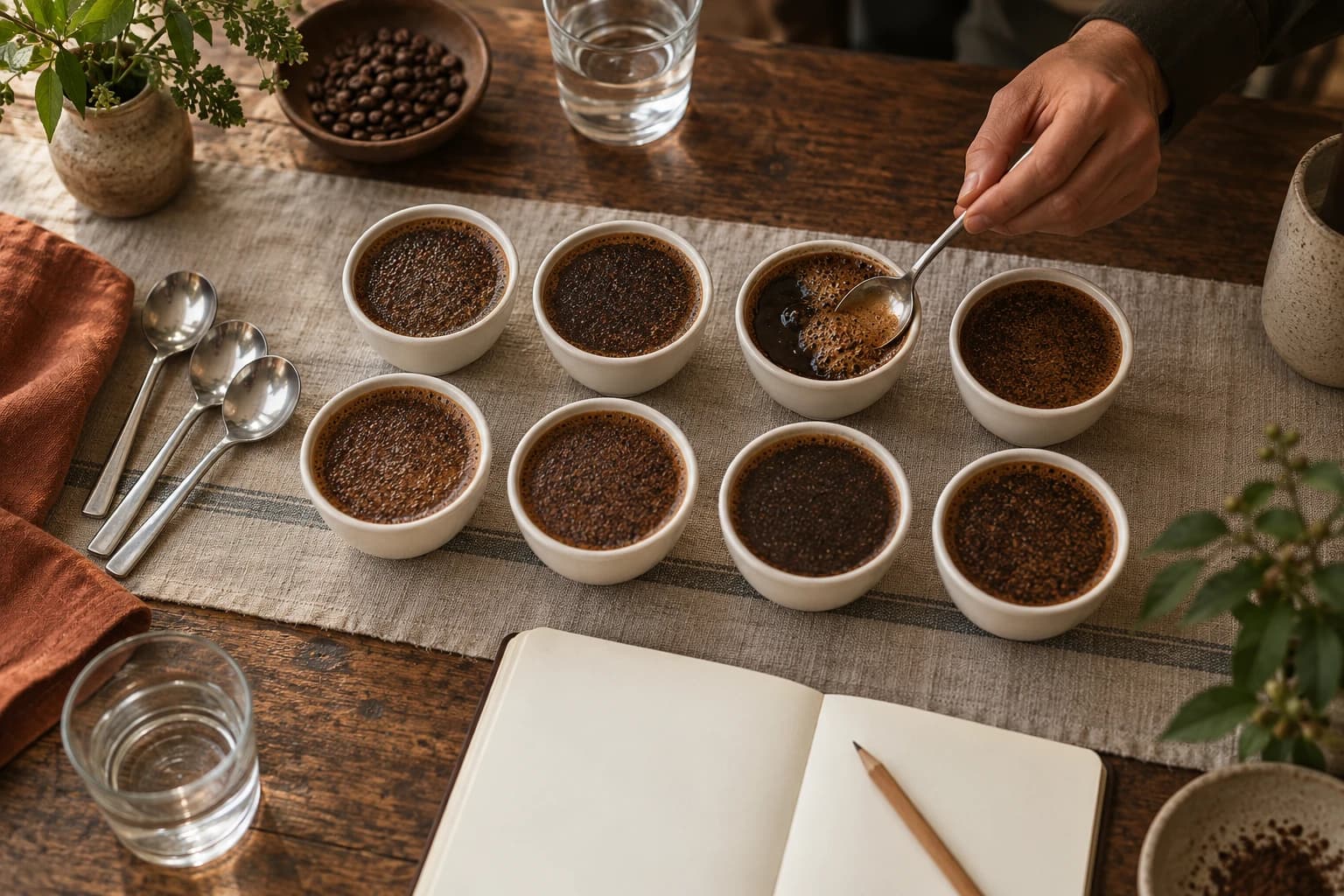 Cupping bowls beside an open notebook and pencil, ready for scores.