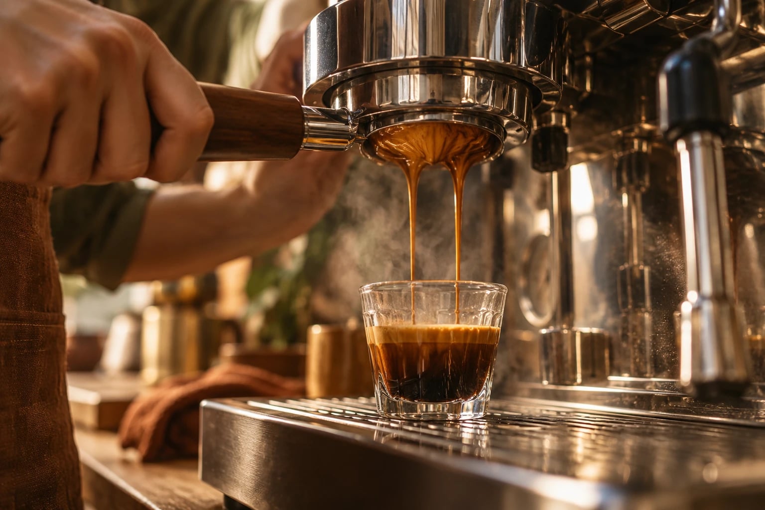 A barista locking in a portafilter as a double shot of espresso pours into a glass.